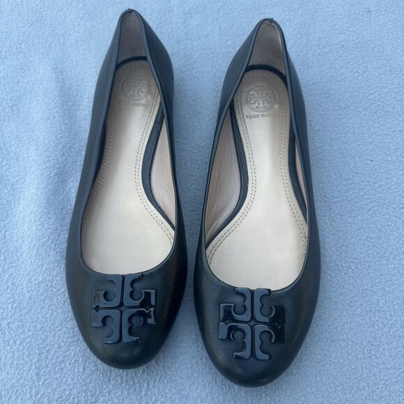 Tory Burch Lowell 2 Leather Ballet Flats Womens Size 7M Black Logo - Picture 1 of 9